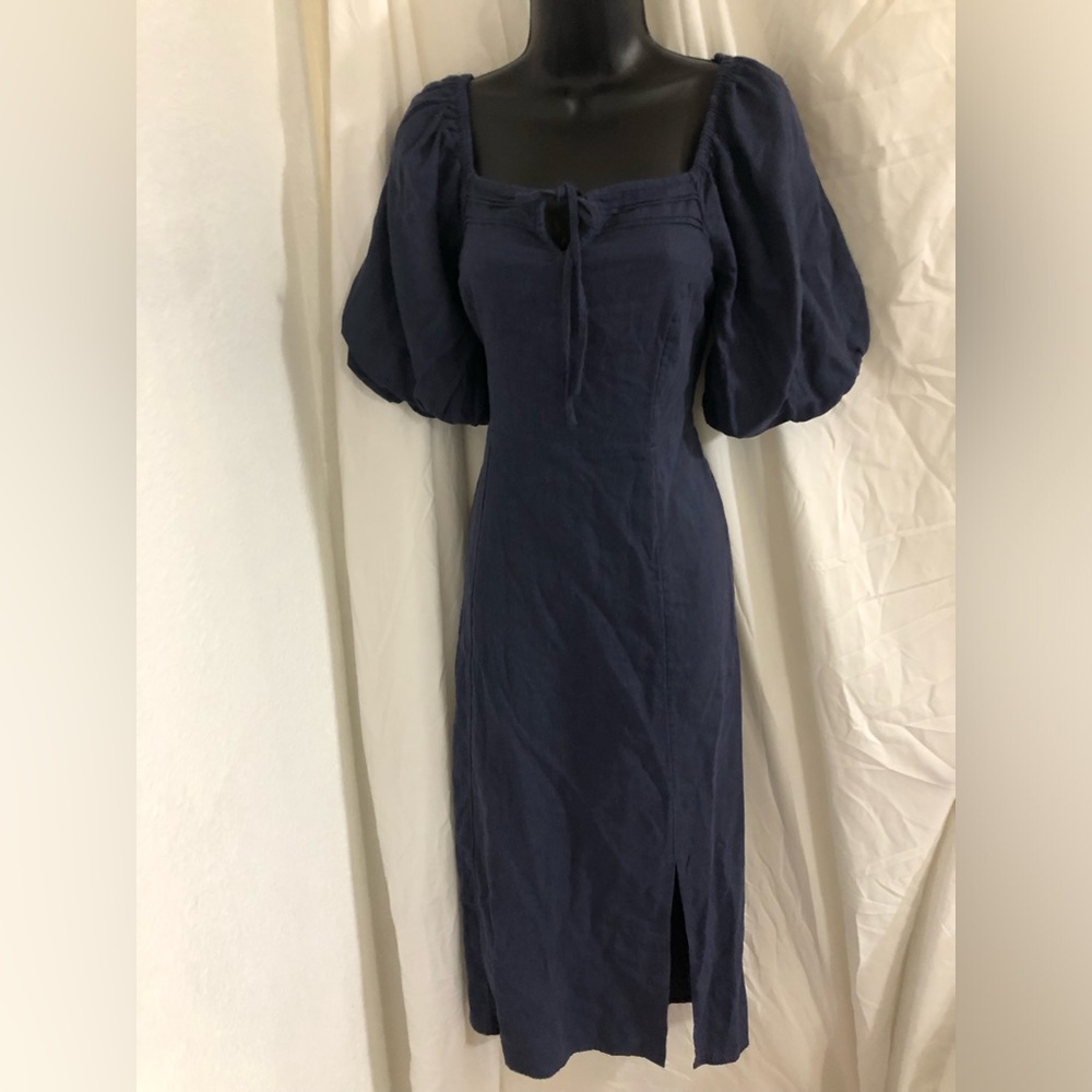Navy blue washed vintage look puffy balloon sleeve smocked linen blend dress new
